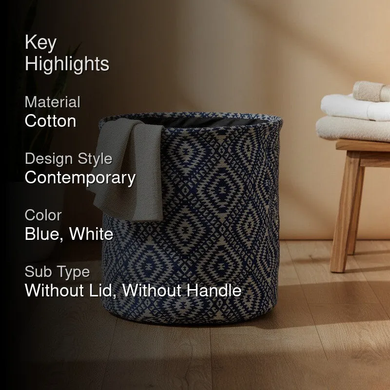 Diamond Motif Cotton Laundry Basket - Blue & White media 2