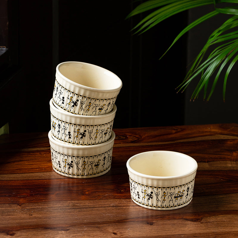 Warli Whirls Ceramic Snack Bowl (180 mL) - Set Of Four