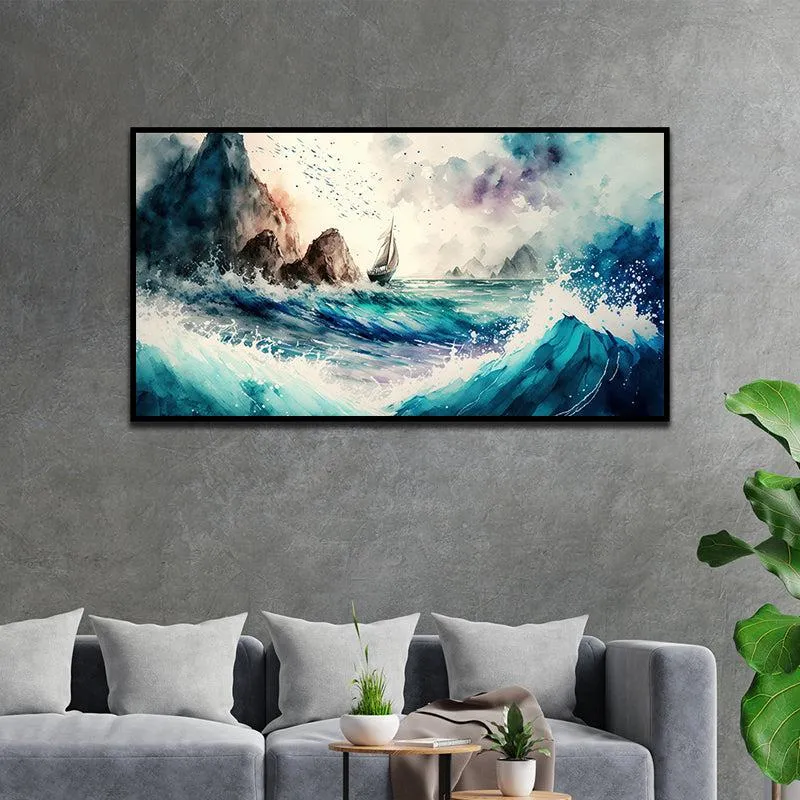 Crashing Blue Waves Landscape Canvas Wall Painting With Frame - Black media 1