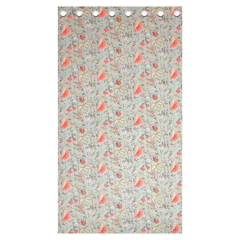 Full view of a single pale aqua curtain panel with coral floral print and eyelets.