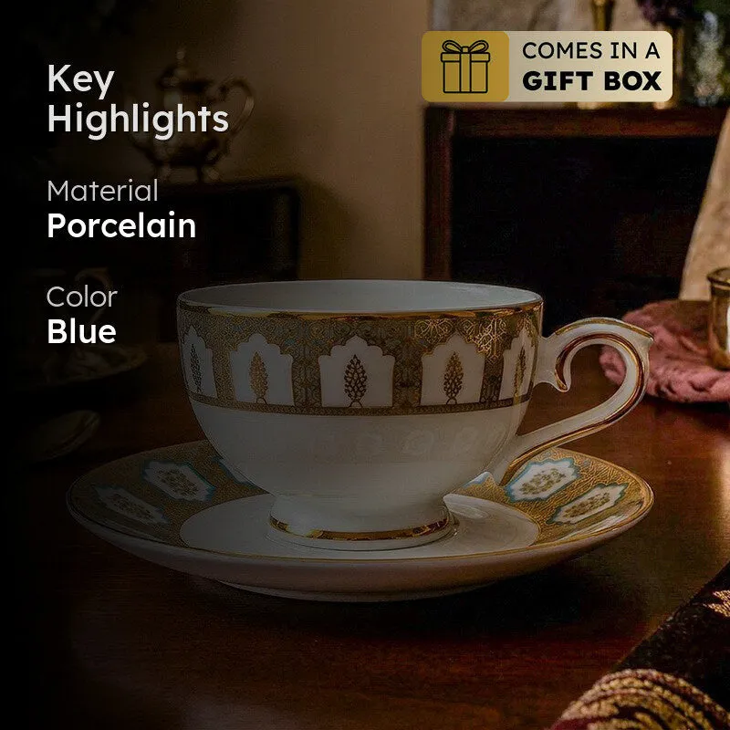 Gilded Chinar 24k Gold Brushed Porcelain Tea Cup & Saucer (280 mL) - Set of Six media 2