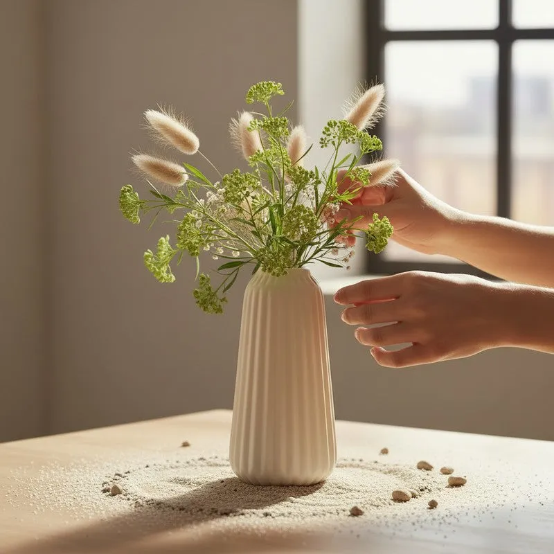 Flutia Ribbed Cylindrical Ceramic Vase - Ivory media 8