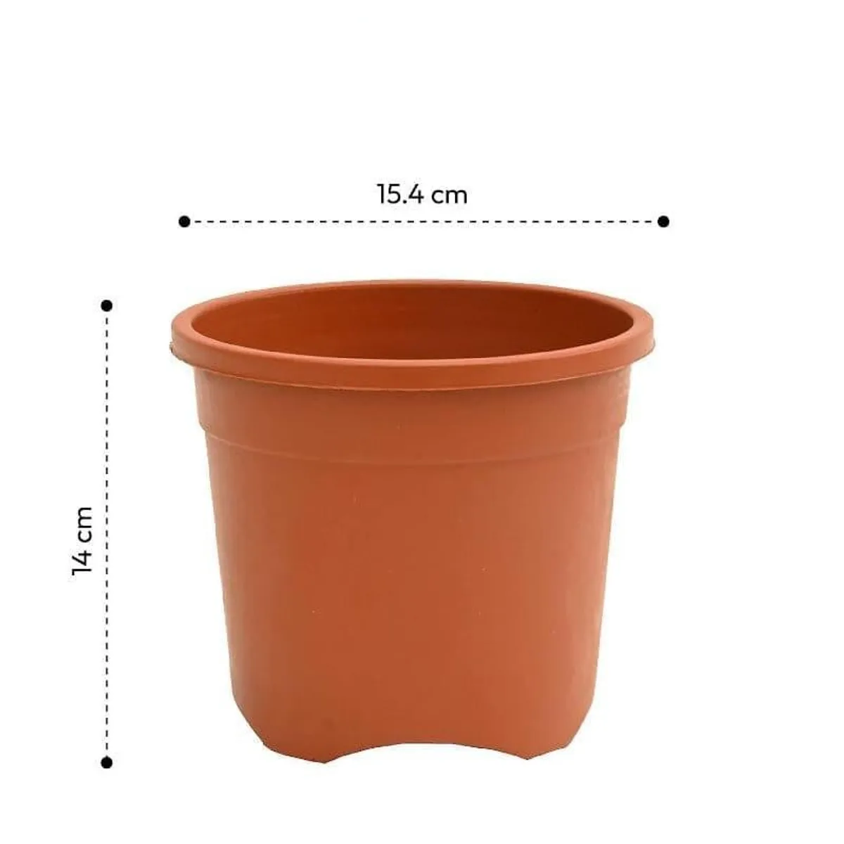Brown plastic plant pot shown with 15.4 cm width and 14 cm height markers