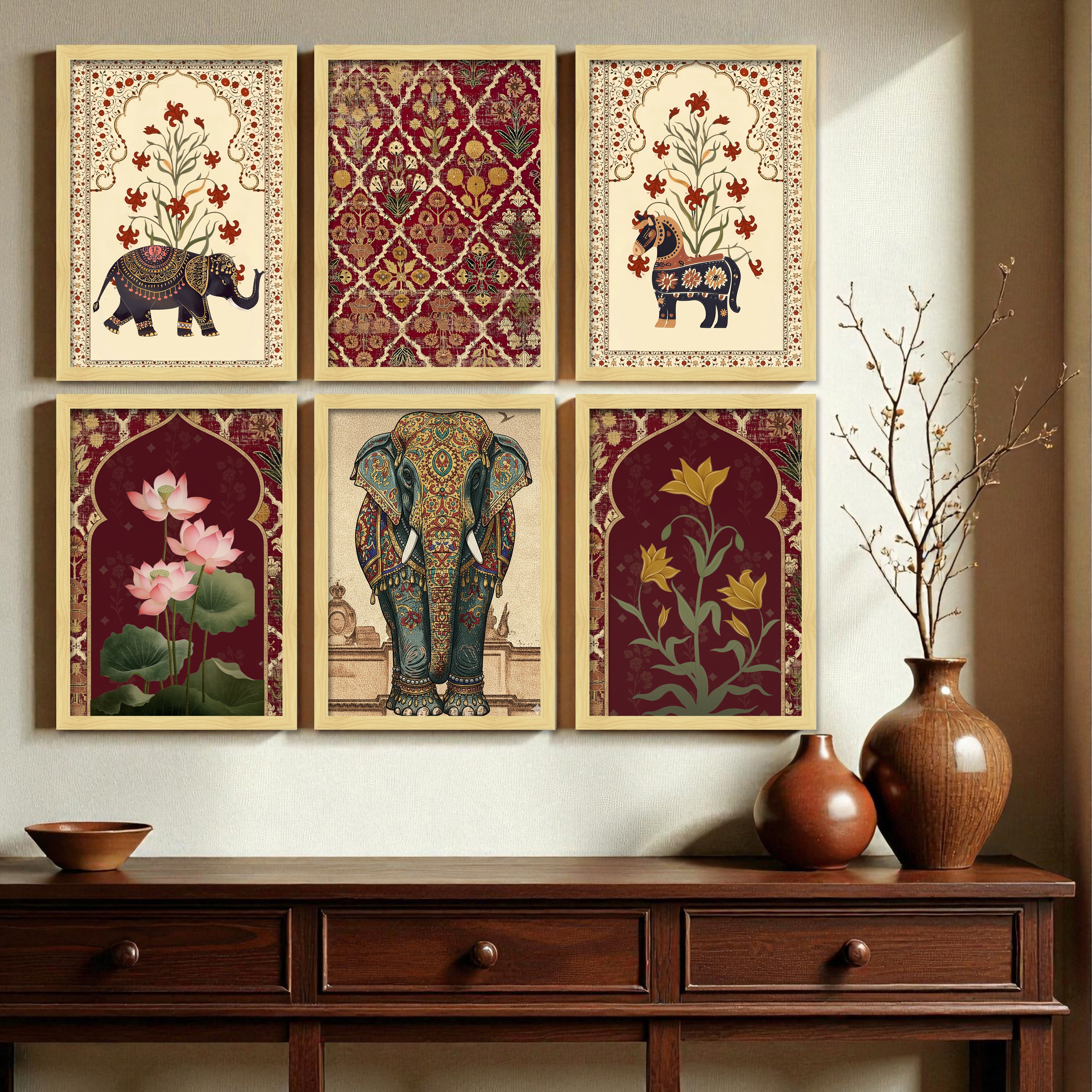 Elephant Motif Ethnic Paper Wall Painting Set With Frame - Set Of Six media 5