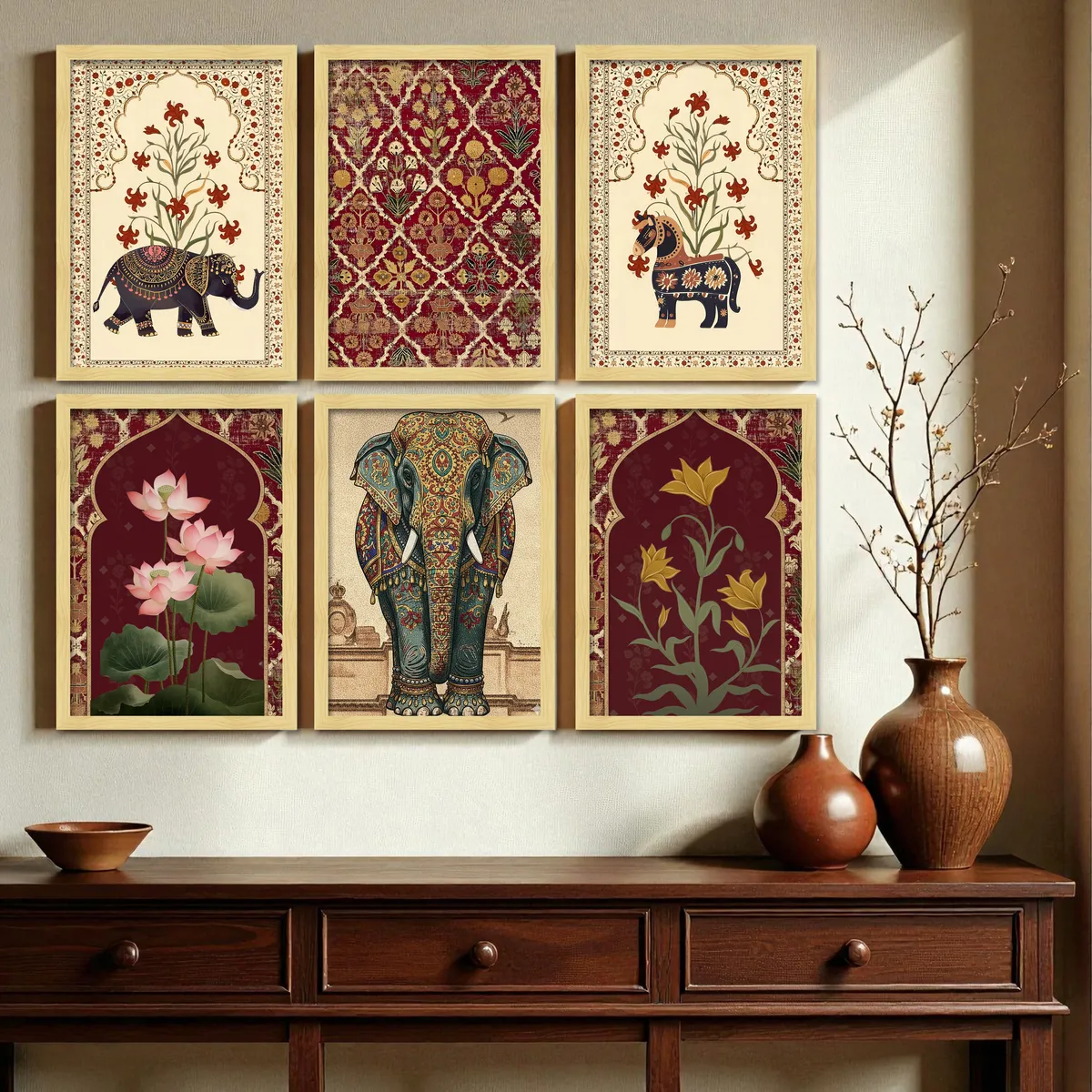 Elephant Motif Ethnic Paper Wall Painting Set With Frame - Set Of Six media 5