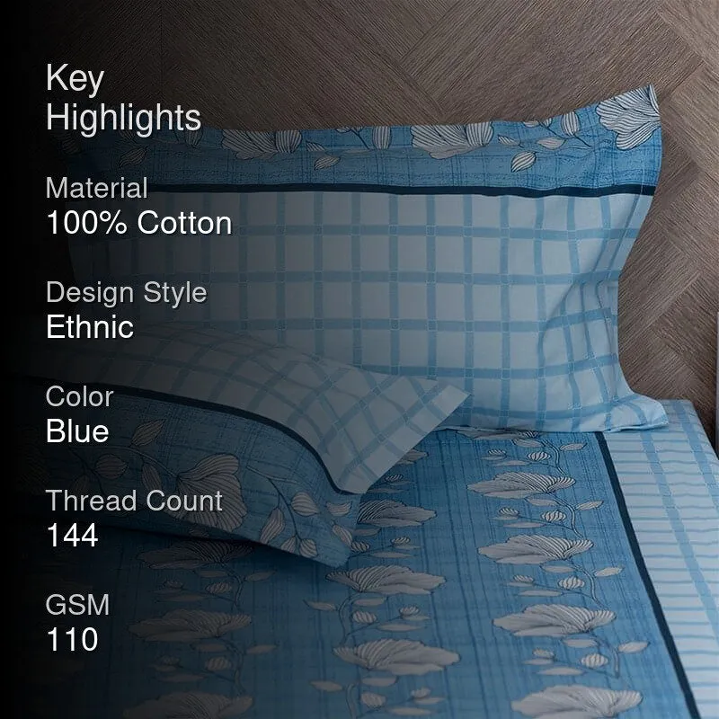 Manora Floral Cotton Bedsheet (Blue) - 144 TC media 2