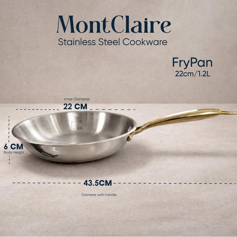 Single silver frying pan with long gold handle on a neutral background
