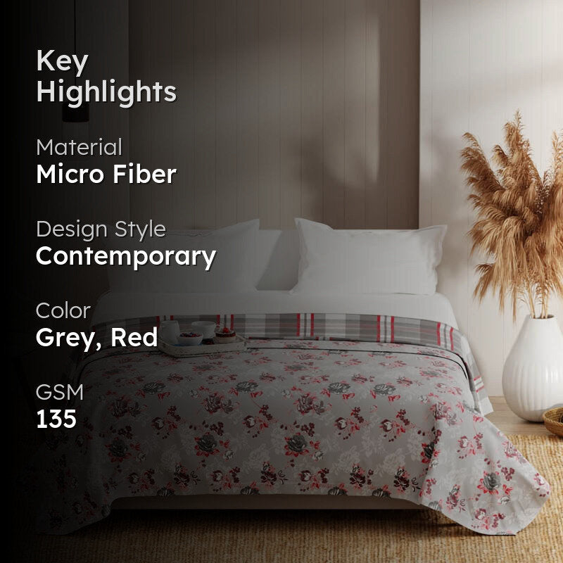 Ziedu Floral Microfiber Dohar (Grey & Red) - 135 GSM media 2