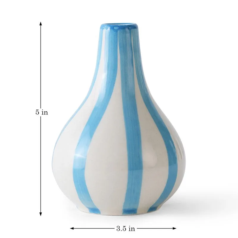 White and blue striped vase shown with dimension arrows on a white background