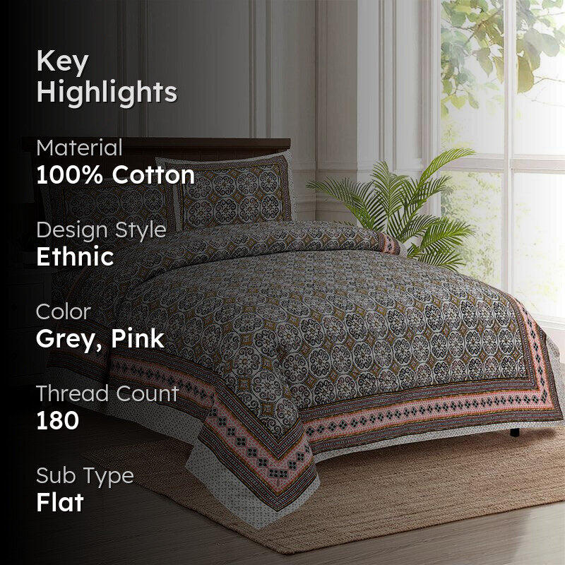 Drona Ethnic Cotton Bedsheet (Grey,Pink) - 180 TC media 2