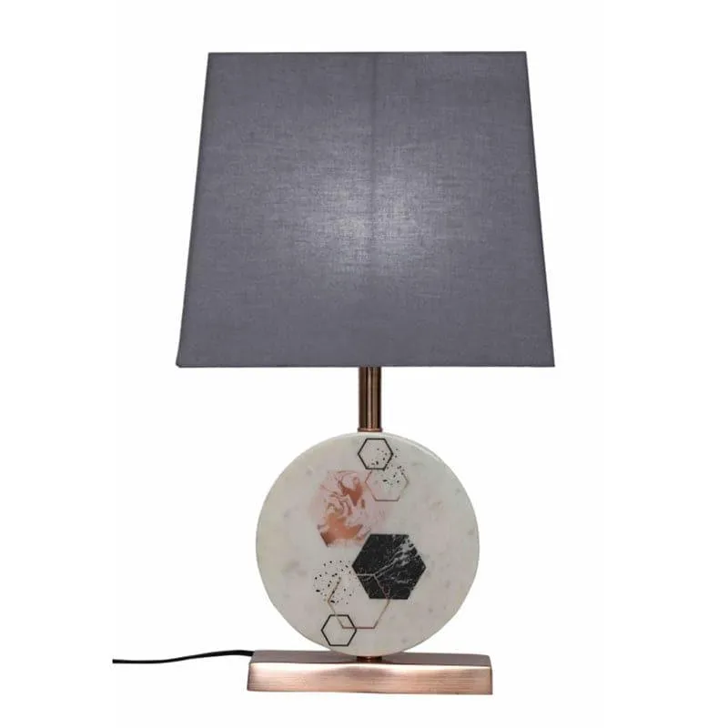Hexa Marble & Copper Base Fabric Table Lamp - Grey,White media 4