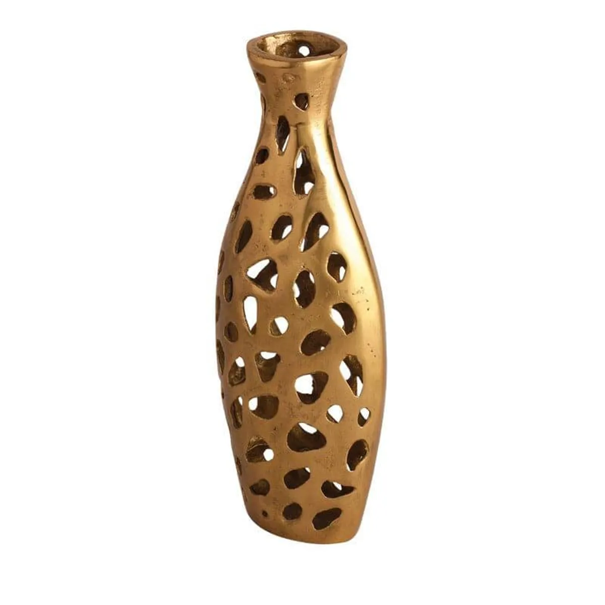 Top angled view of a gold cutwork vase