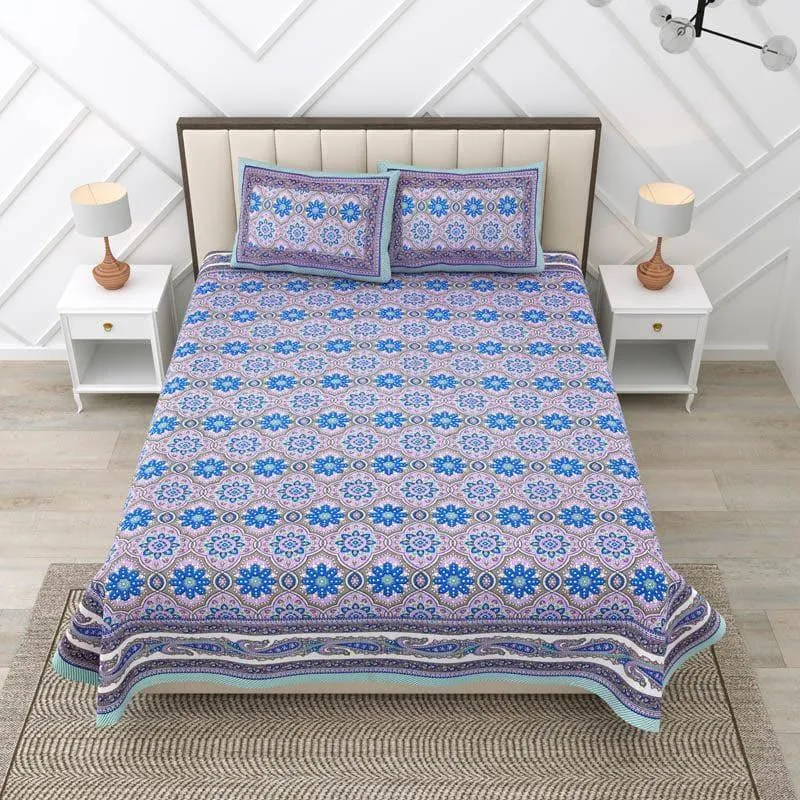 Sakaris Floral Cotton Bedsheet (Blue) - 144 TC media 1