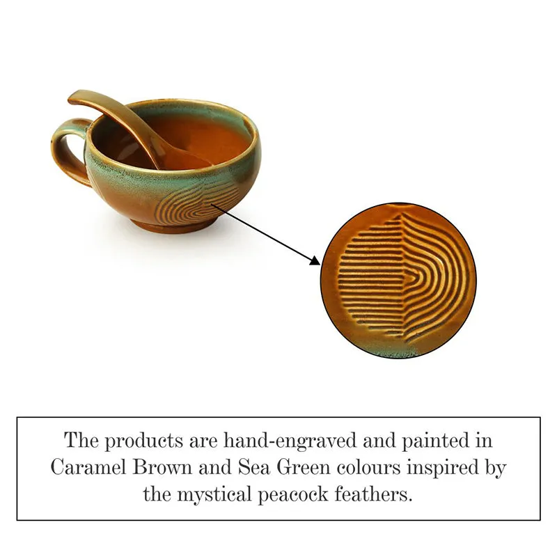 Kalika Handglazed Ceramic Soup Bowl With Spoon (Beige/320 mL Each) - Eight Piece Set media 4