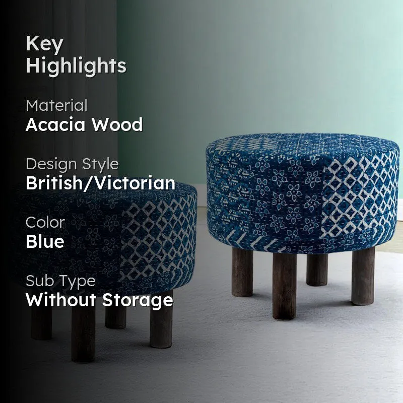 Pverix Acacia Wooden Ottomans (Blue) - Set Of Two media 2