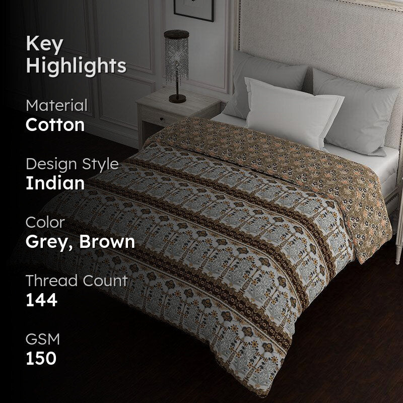Purush Reversible Ethnic Cotton Comforter (Grey & Brown) - 150 GSM media 2