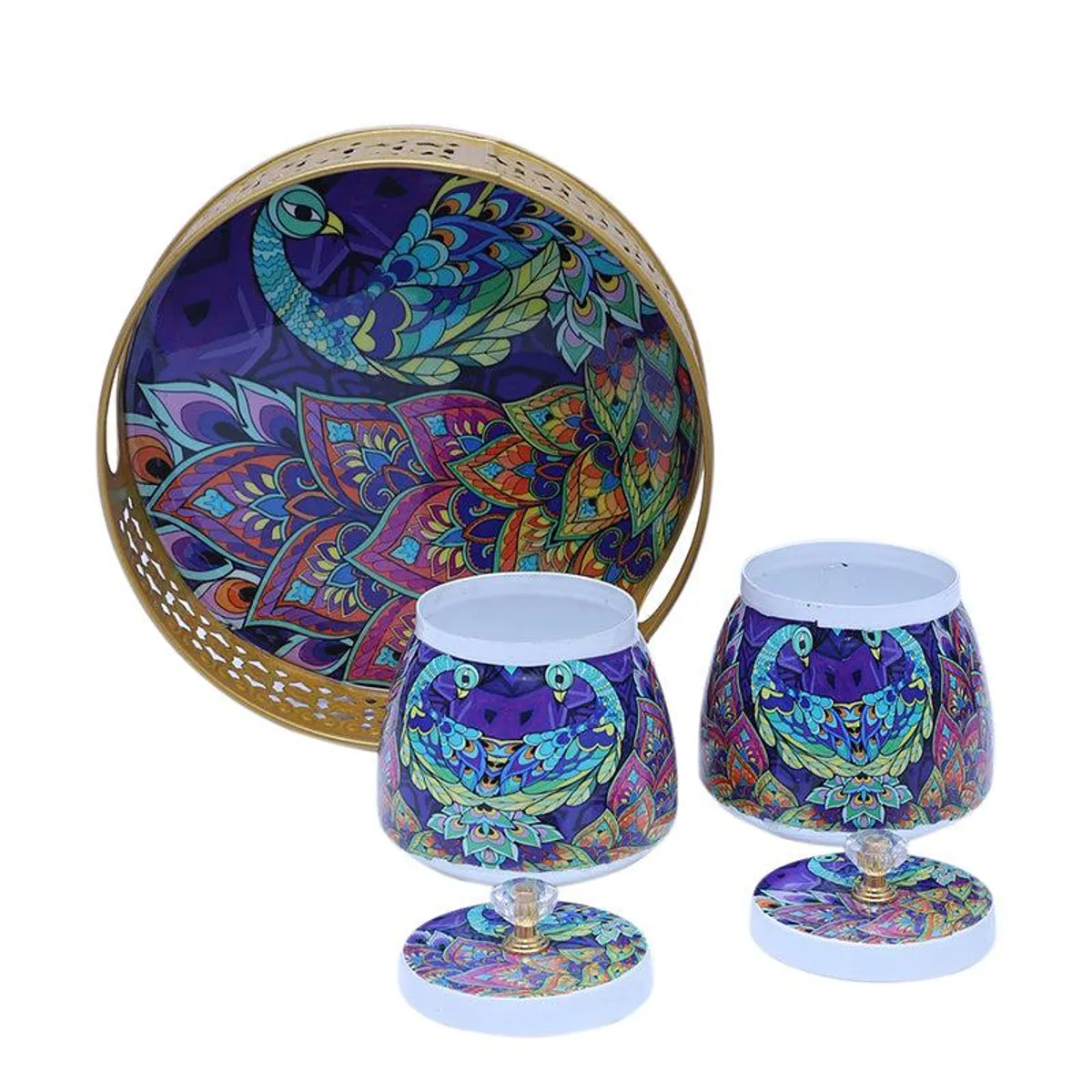 Top view of a gold tray with vivid peacock and floral artwork