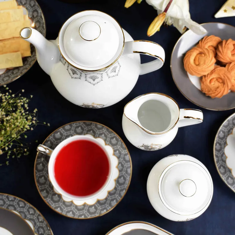 Gilded Legacy 24k Gold Brushed Porcelain Tea Set With Tea Pot (Grey) - Seventeen Piece Set media 5