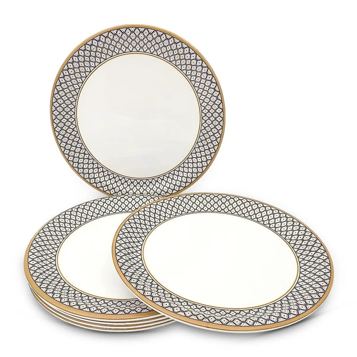 Six white dinner plates with blue geometric borders arranged in a group