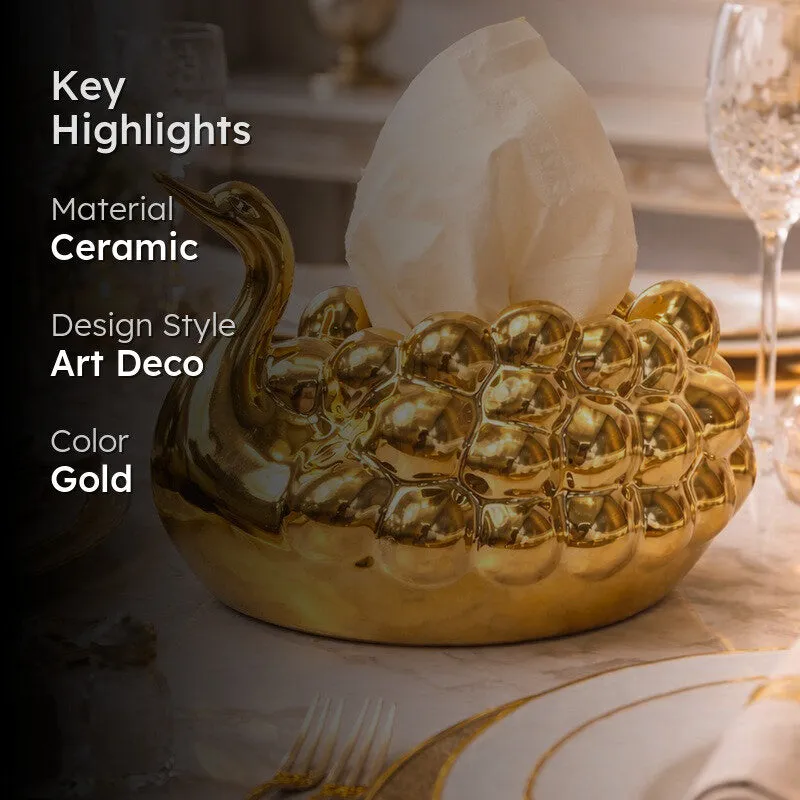 Gold swan tissue holder displayed with ceramic, Art Deco and colour details