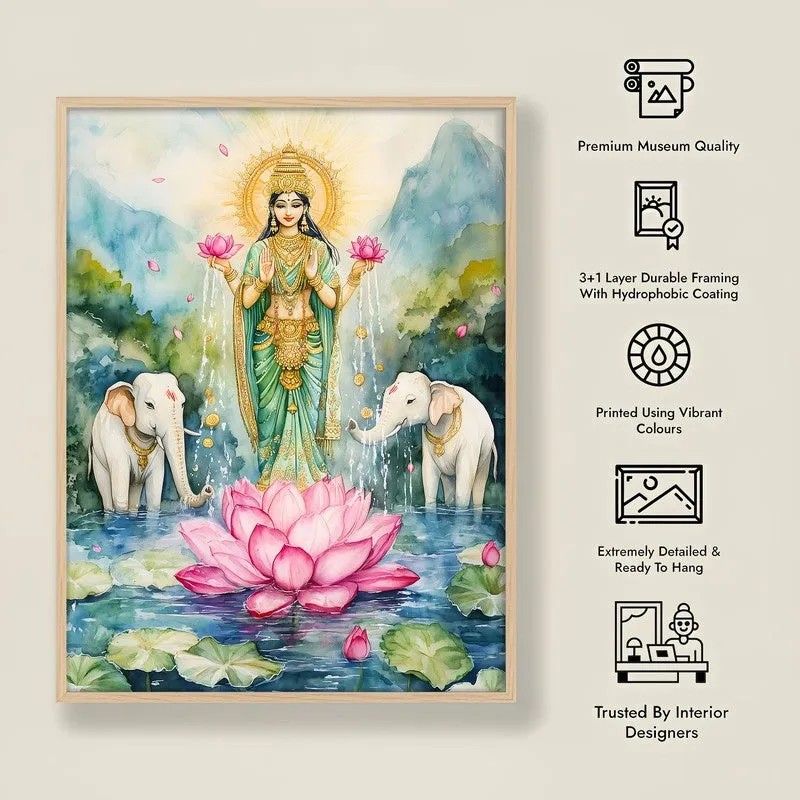Divine Gaja Lakshmi Spiritual Archival Paper Wall Painting - Natural Brown Frame media 8