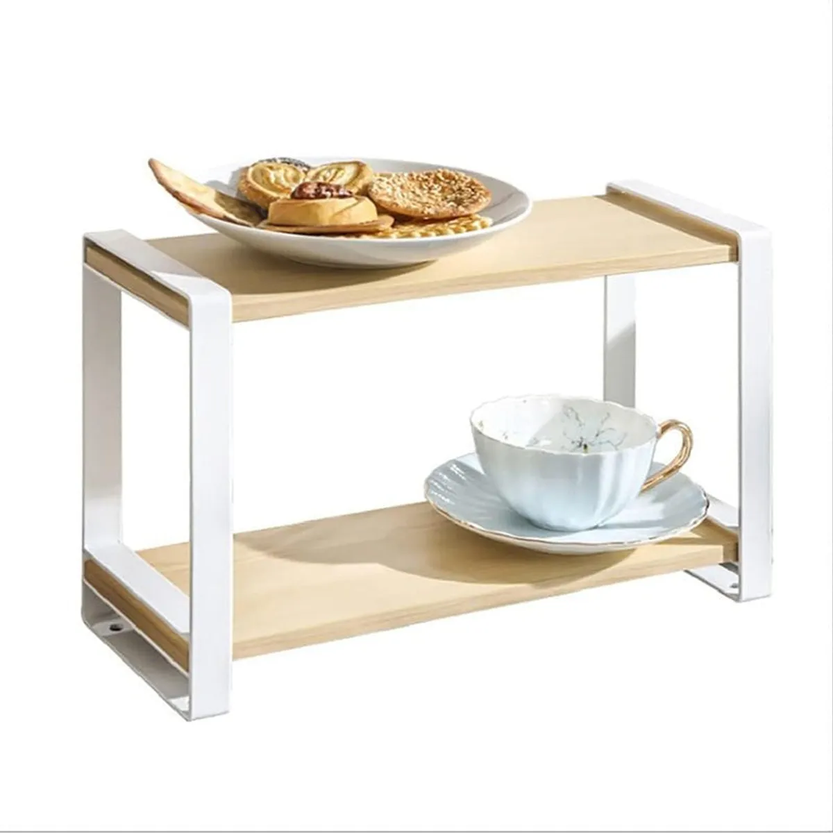 Front view of brown shelf rack with white metal frame