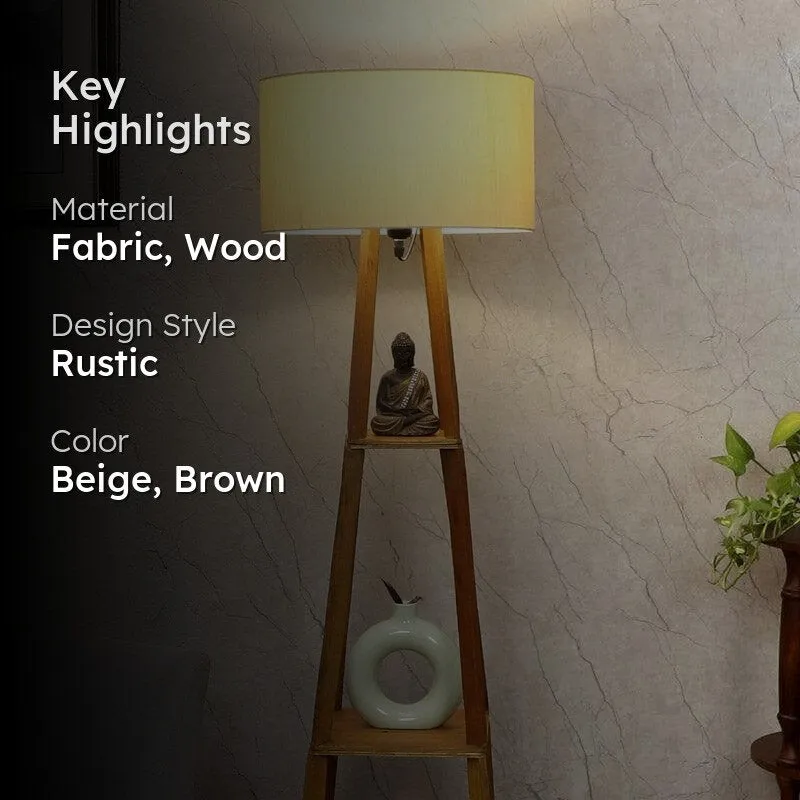 Floor lamp in a room setting with a dark text panel overlay