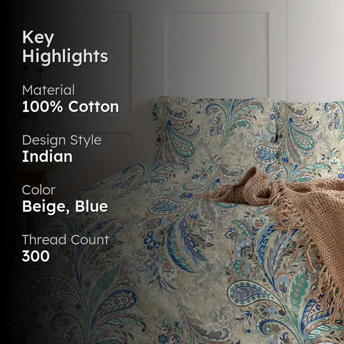 Blue and beige paisley duvet cover styled on a bed with text overlay
