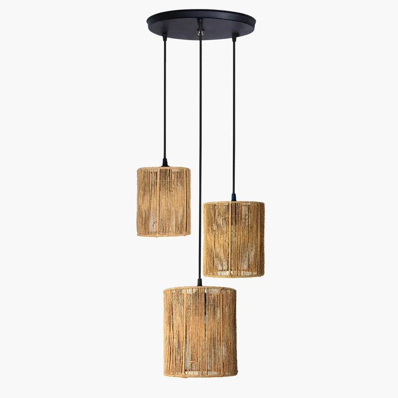 Beige raffia clustered ceiling lamp with black cords on a white background