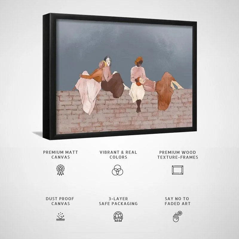 Angled view of a black-framed figurative canvas painting on a plain wall