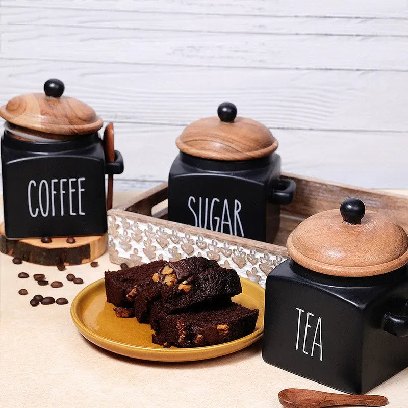 Midnight Muse Ceramic Storage Jar with Mango Wood Lid (1000 mL Each) - Set Of Three media 3
