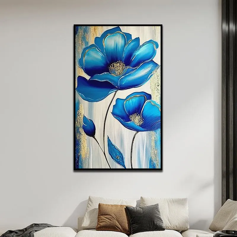 Gilded Bloom In Blue Floral Canvas Wall Painting With Frame - Black media 3