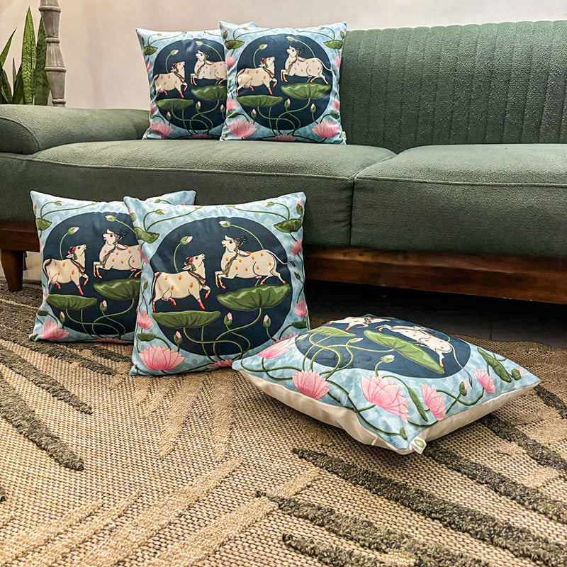 Playful Kamadhenu Velvet Cushion Cover Set - Set Of Five