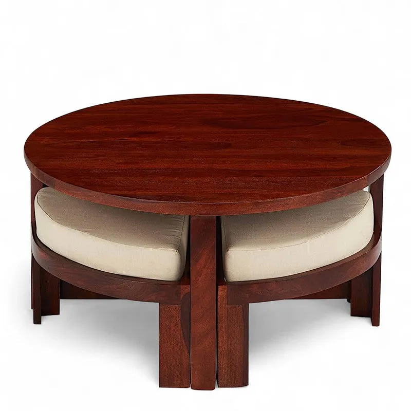 Gravex Sheesham Wooden Center Table with Stools and Cushions (Brown,Red) - Nine Piece Set media 4