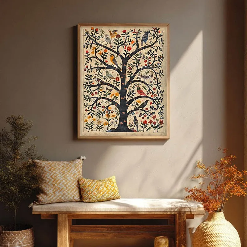 Bloomspire Tree of Life Folk Art Canvas Wall Painting With Brown Frame media 7