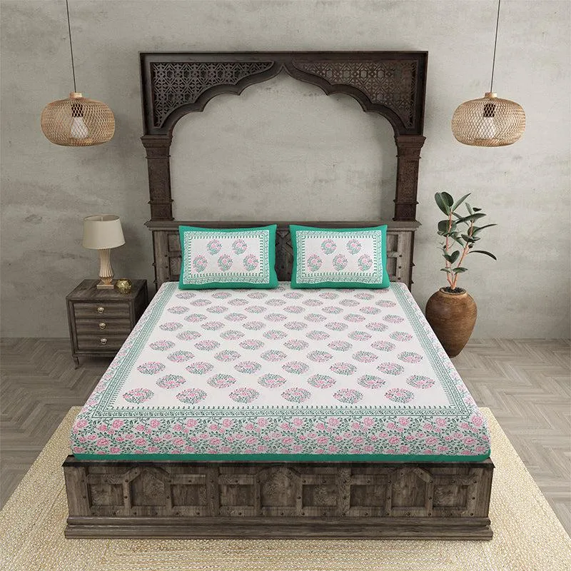 Lavo Floral Cotton Bedsheet (White,Green) - 180 TC media 4