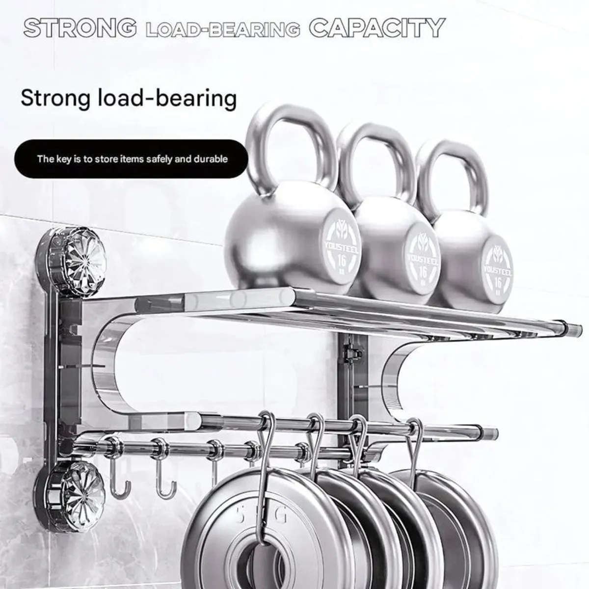 Silver wall-mounted rack shown holding kettlebells, paper roll and hanging pans