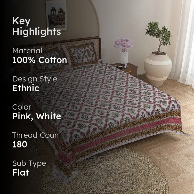 Yashasvi Ethnic Cotton Bedsheet (Pink,White) - 180 TC media 2