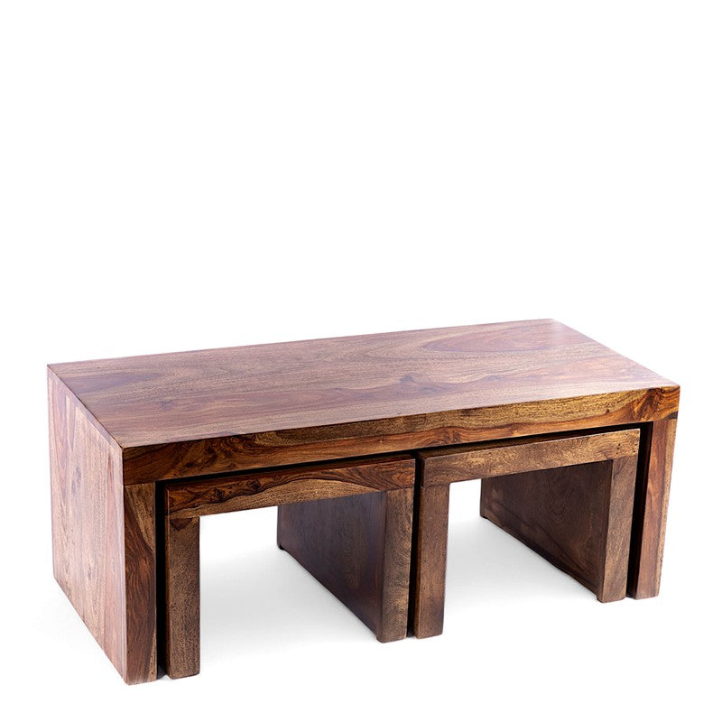 Davenox Sheesham Wooden Center Table with Stools (Brown) - Three Piece Set media 5