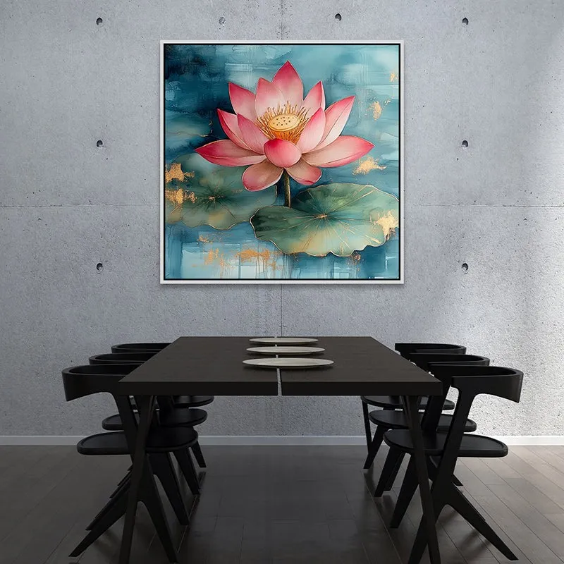 Lotus Lake Canvas Wall Painting With Frame - White media 5