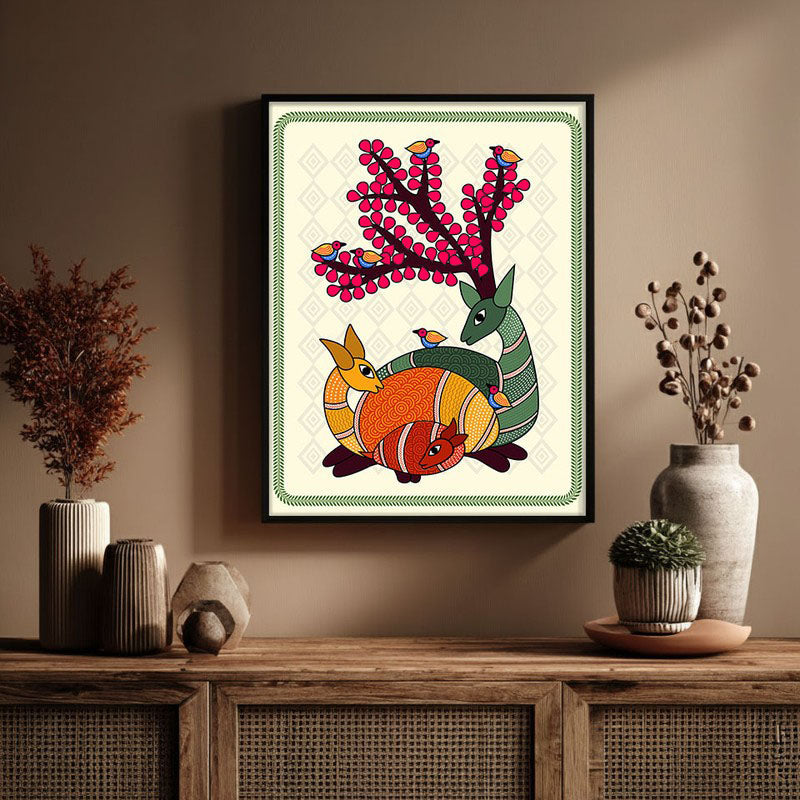 Deer In Color Framed Madhubhani Canvas Wall Painting media 3