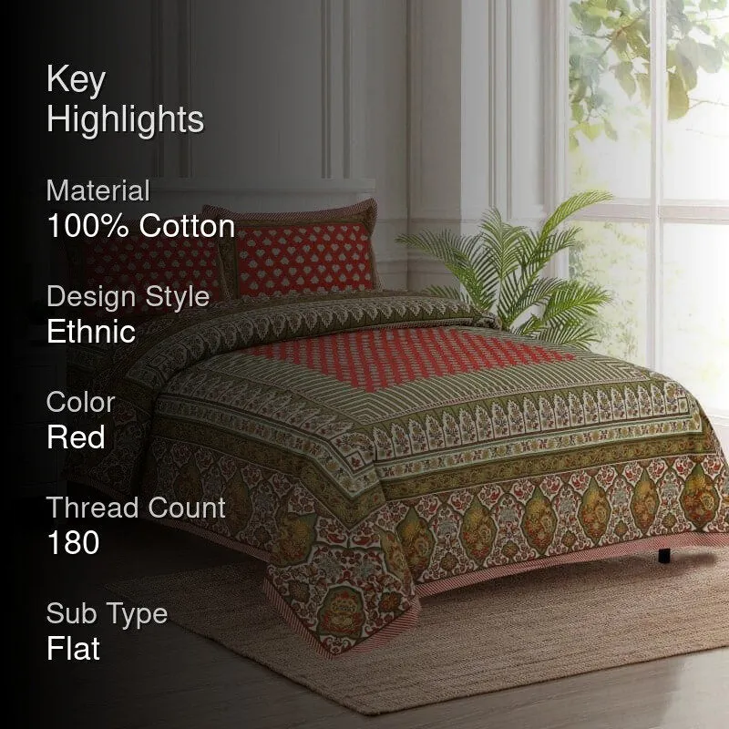 Trivona Regal Ethnic Cotton Bedsheet (Red & Dark Green) - 180 TC media 2