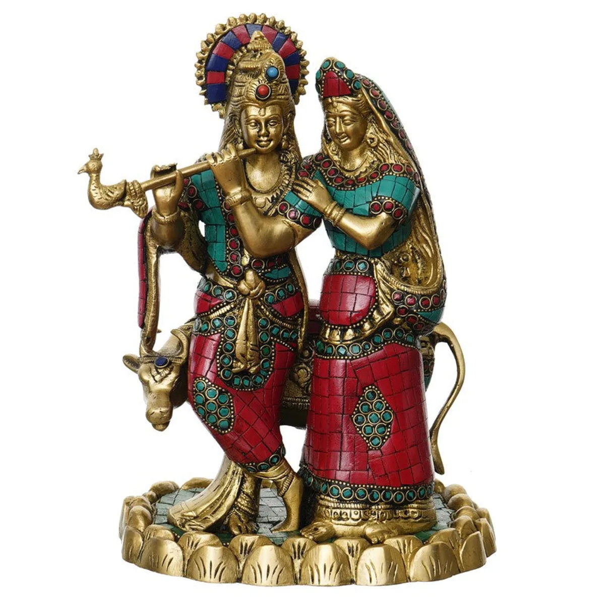 Front view of a brass Krishna and Radha idol with red and blue accents