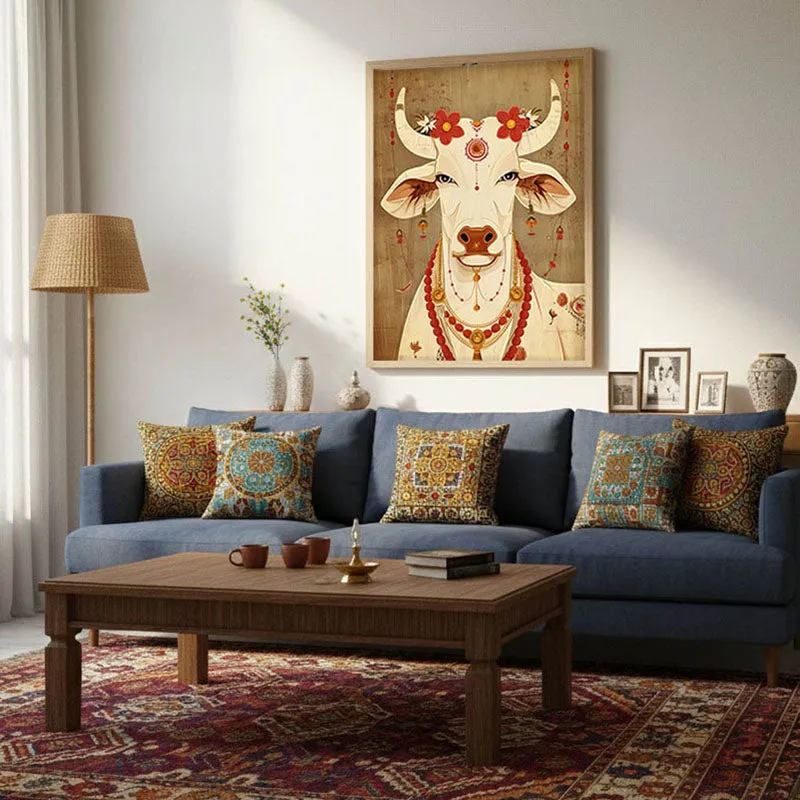 Sacred Cow Folk Art Canvas Wall Painting With Brown Frame media 5
