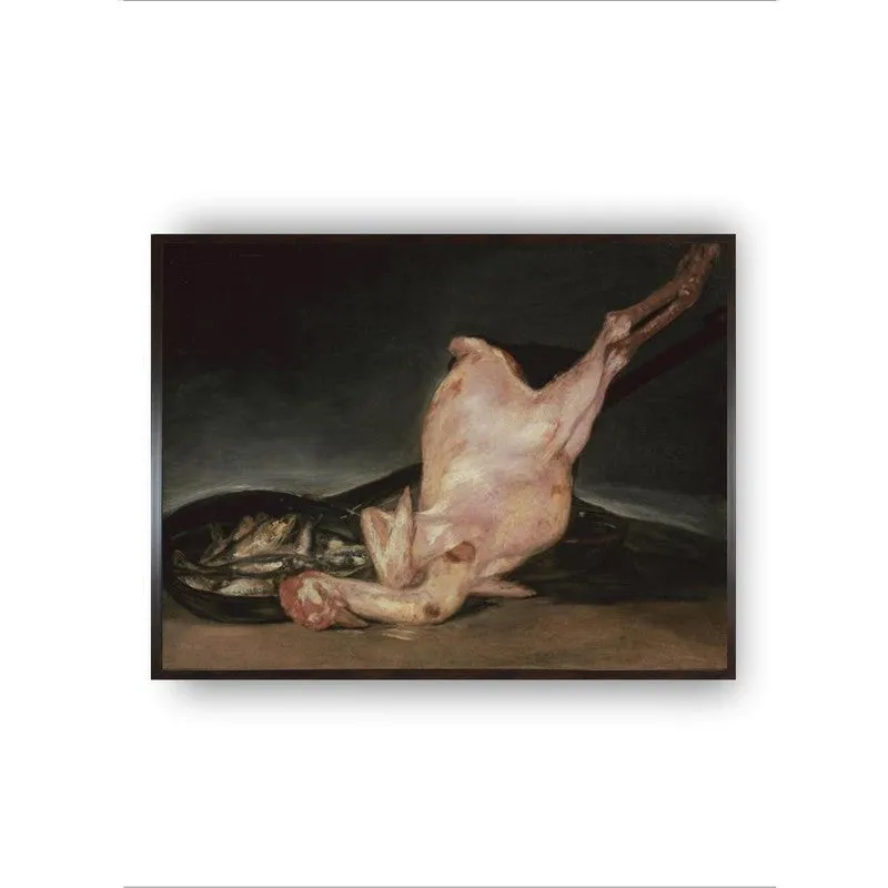 Front view of a framed painting showing a plucked turkey hen on a dark background