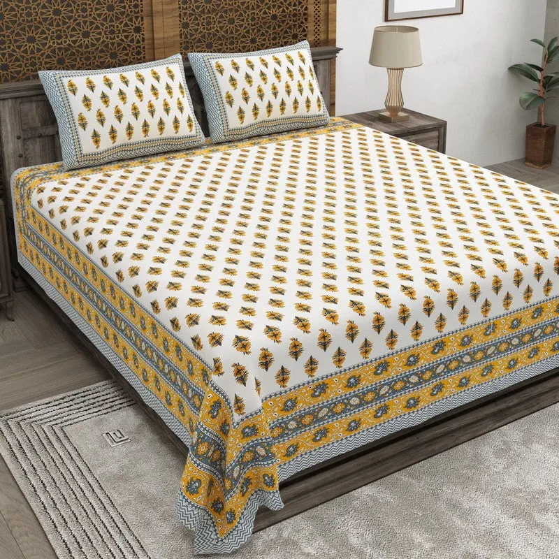 Bloomza Cotton Bedsheet (Yellow,Off White) - 240 TC media 1