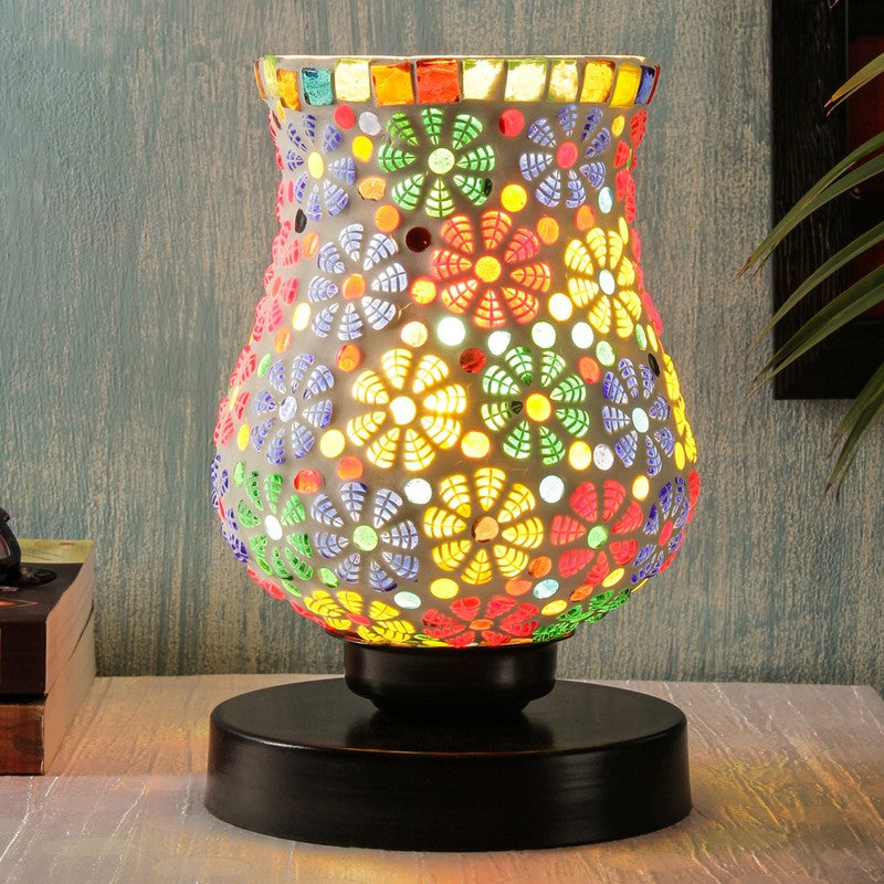 Embervia Mosaic Glass Table Lamp With Wooden Base - Multicolor