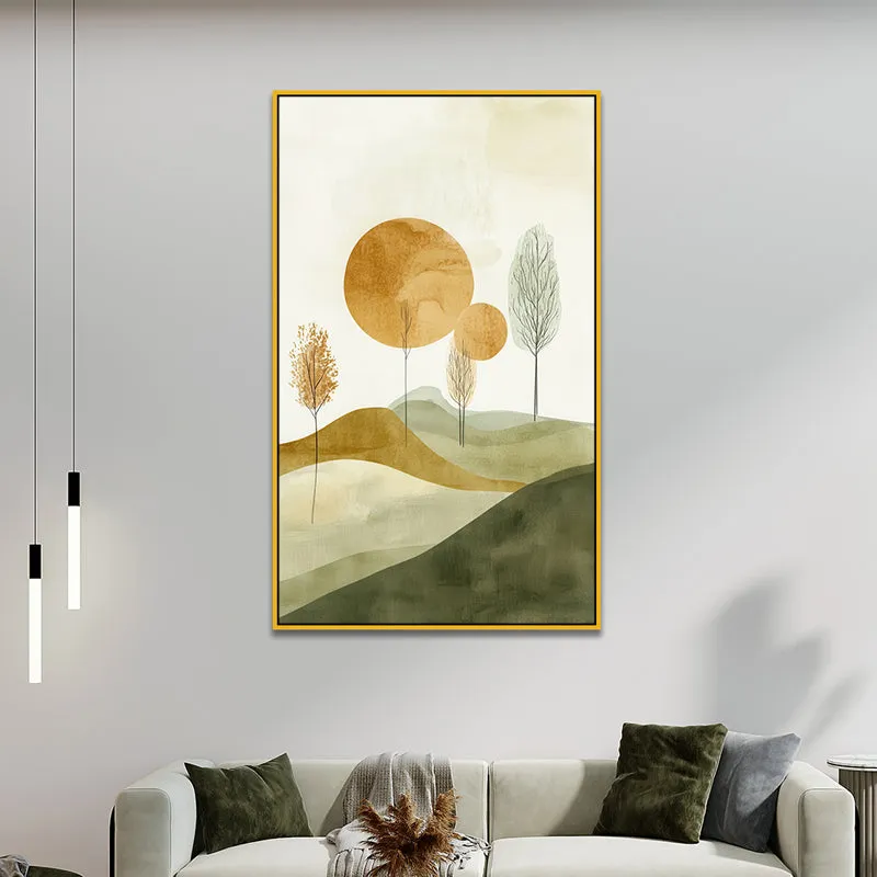 Ochre & Olive Hillside Landscape Canvas Wall Painting With Frame - Gold media 1