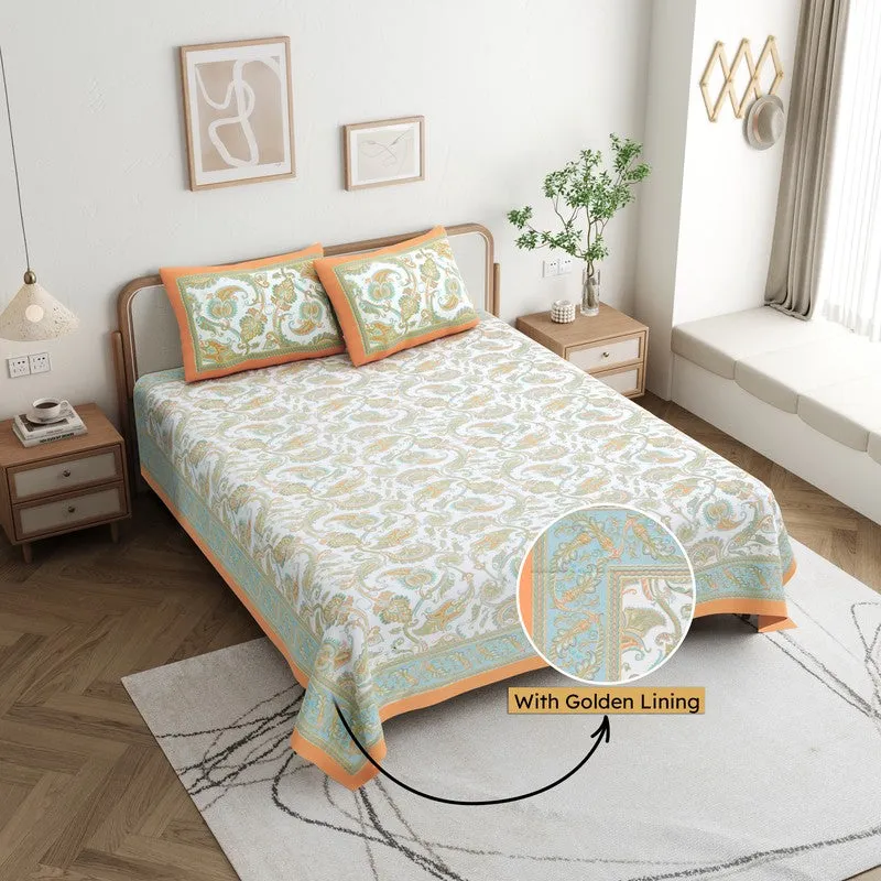 Bloom Cotton Bedsheet (White,Orange) - 180 GSM media 1