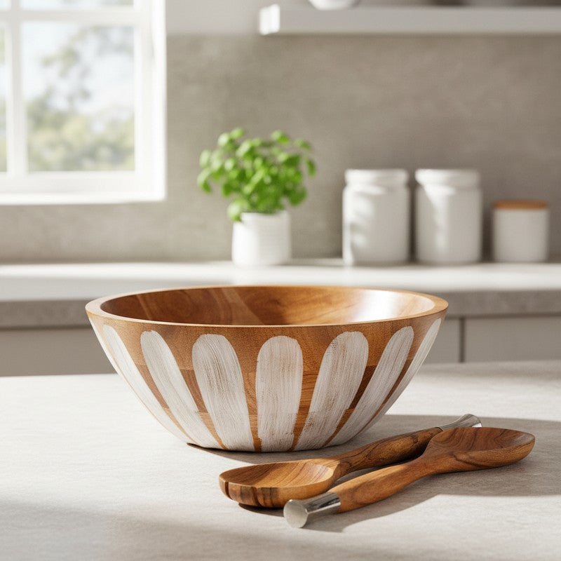 Rustic Distress Wood Salad Bowl with Serving Spoons (1750 mL) - Three Piece Set
